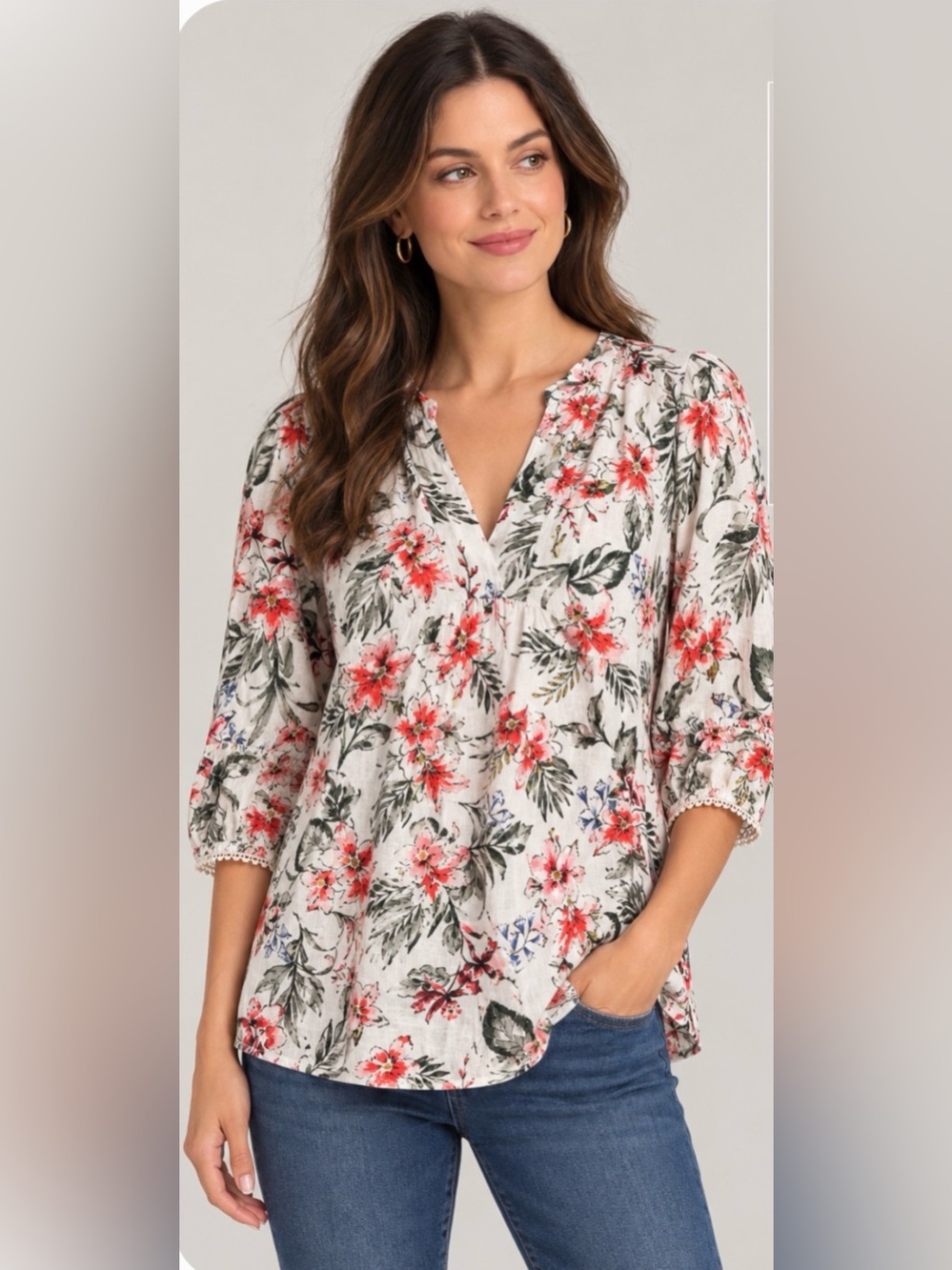 Zara Basic 100% Linen Floral V-Neck Blouse S NWOT